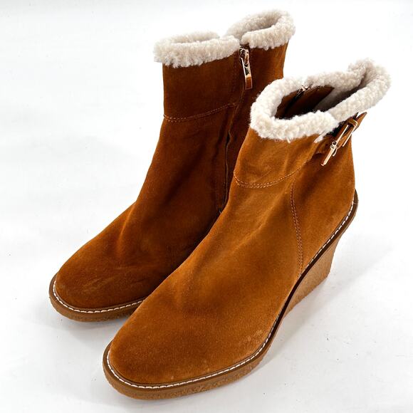 Franco Sarto Ulayna Ankle Bootie 10 NWOT Wedge Heel Tan Suede Boots Sherpa - Picture 11 of 11
